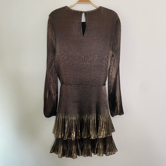 NWT Boden Plisse Mini Dress Size 10R Gold Metallic Shiny Ruffle Hem Tie Waist - Picture 4 of 12